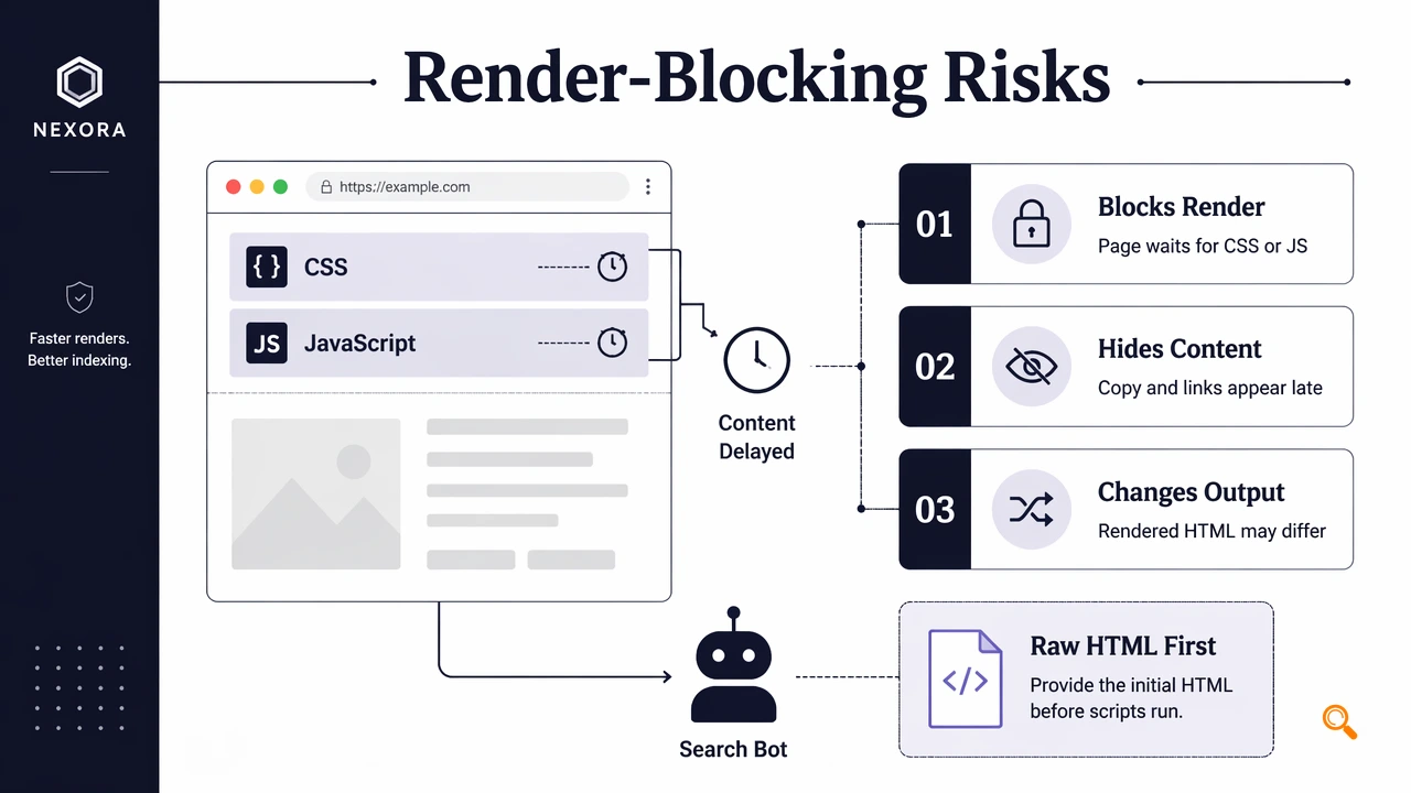 Infographic showing how CSS and JavaScript can delay or alter rendered content for search engines.