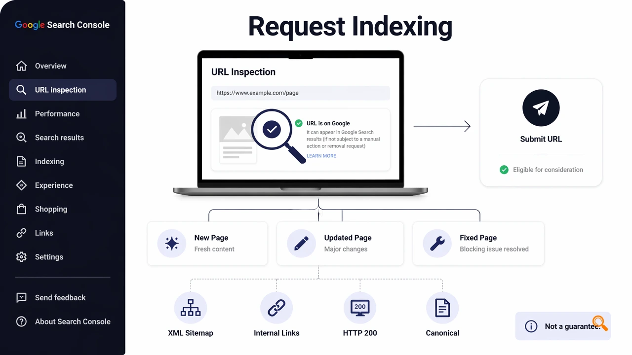 Infographic showing URL Inspection and request indexing workflow with supporting signals and limitations.