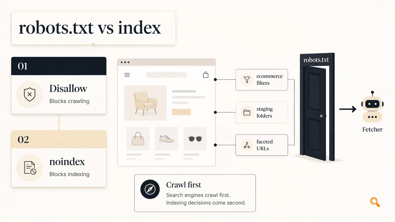 Infographic explaining that robots.txt blocks crawling, while noindex controls indexing.