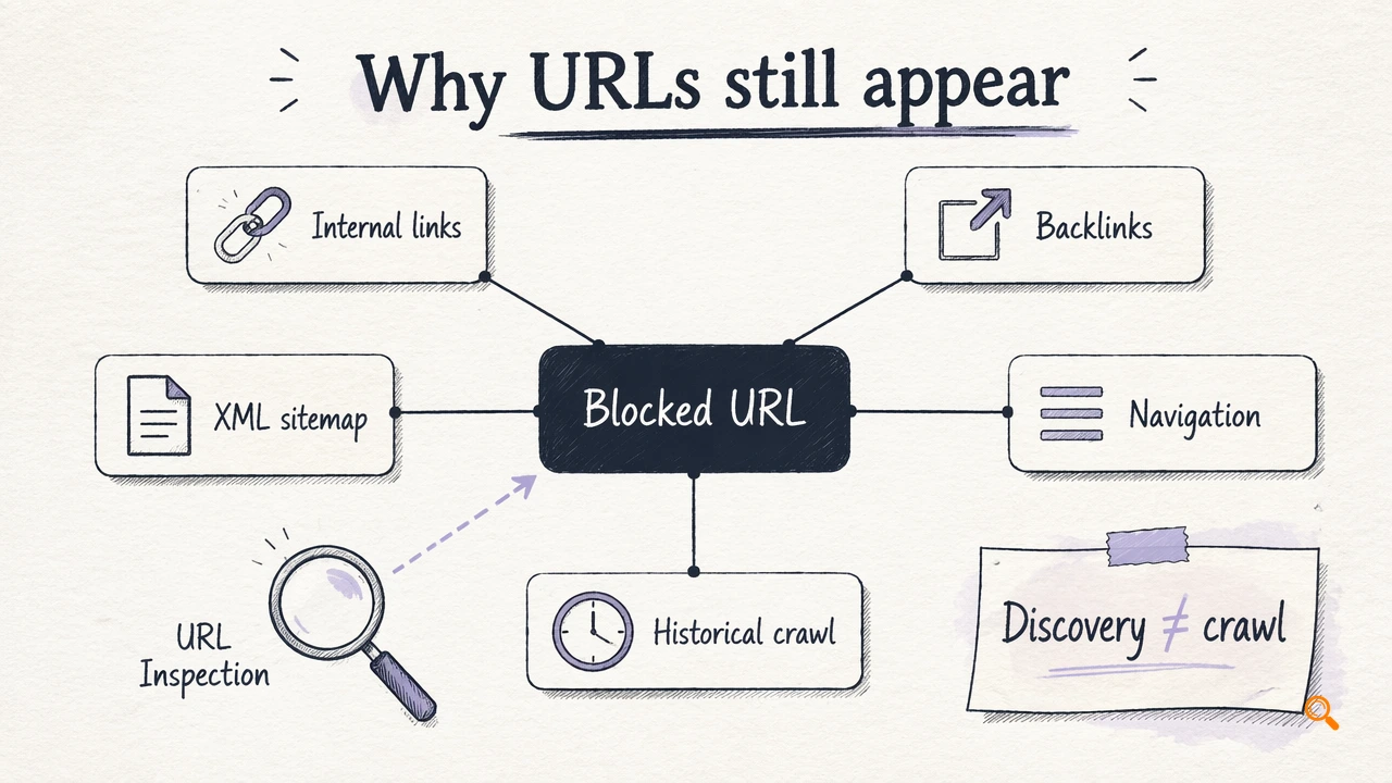 Annotated diagram showing how blocked URLs can still be discovered from links, sitemaps, and history.