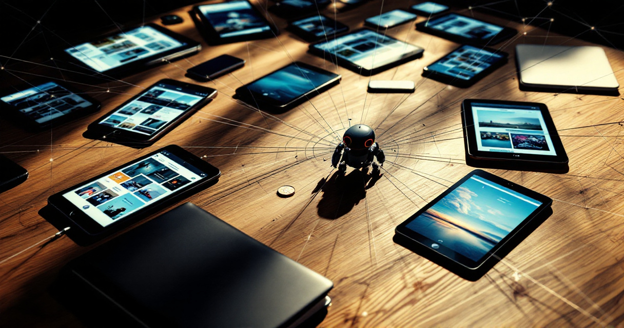 Conceptual crawler robot connecting multiple devices with web-like threads representing search engine page discovery