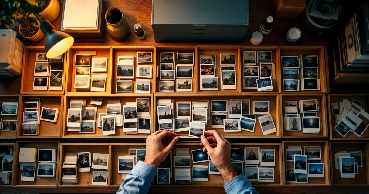 Hands organizing visual content cards into structured trays representing search engine indexing