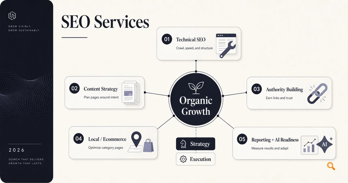 Infographic showing the main components of SEO services in 2026.