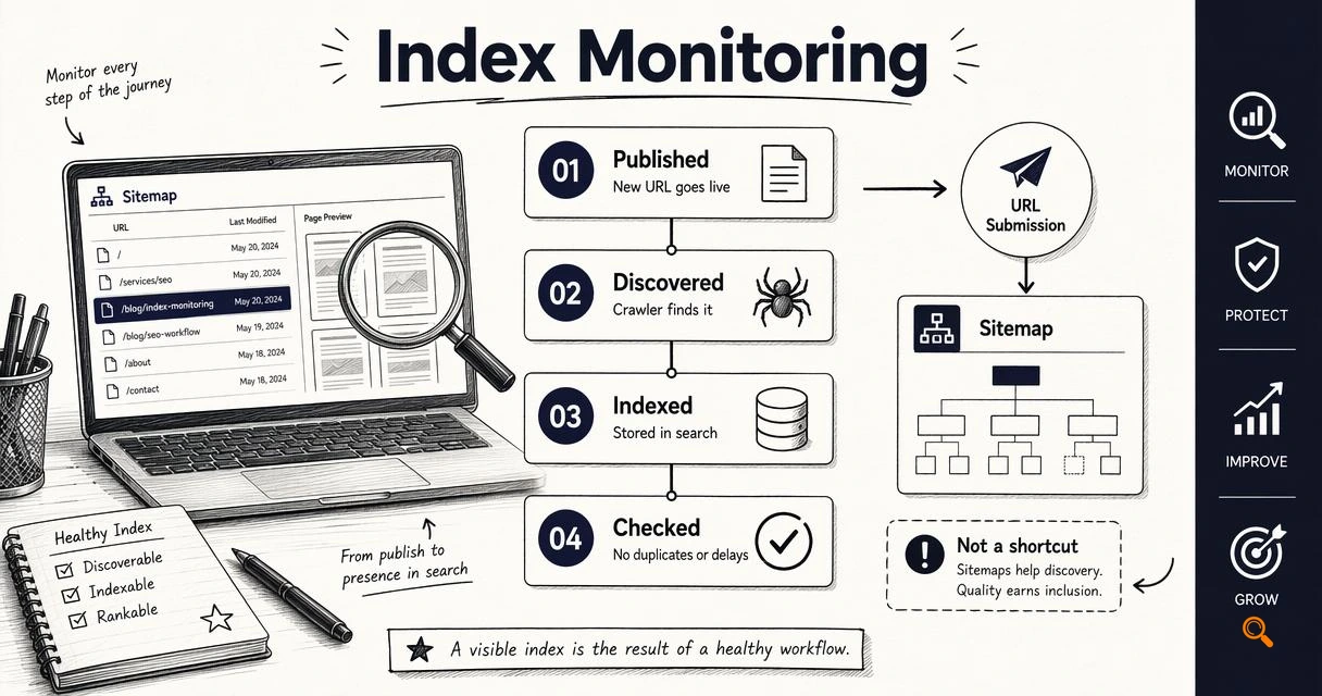 Annotated workflow diagram showing why SEO services should include index monitoring.