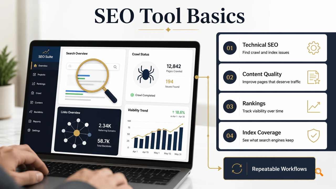 Editorial infographic explaining what an SEO tool does across technical SEO, rankings, and index coverage.