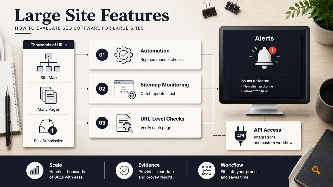 Annotated SEO workflow diagram for large sites, showing automation, sitemap monitoring, URL checks, and alerts.