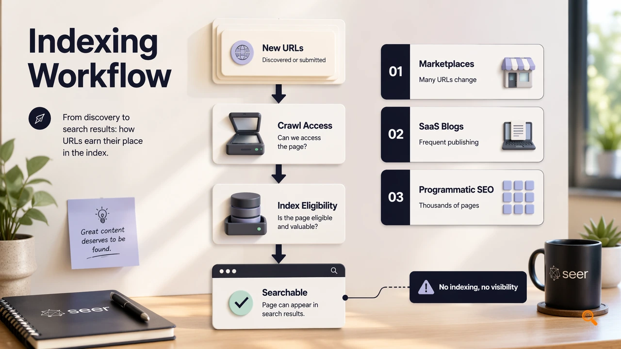 Annotated workflow diagram showing crawl access, index eligibility, and searchable pages.