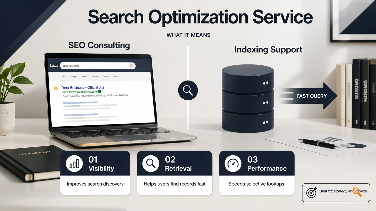 Editorial infographic comparing SEO consulting with indexing support in a search optimization service.