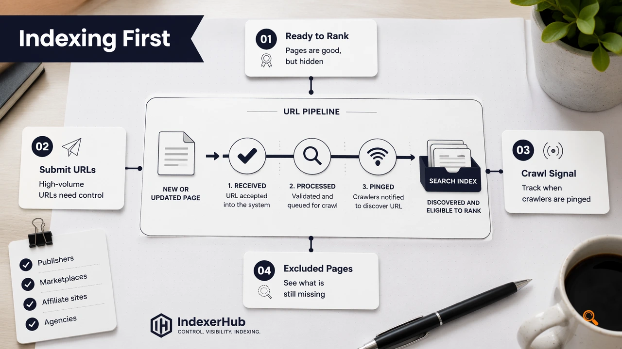 Annotated workflow diagram showing when specialized indexing support is better than broad SEO consulting.