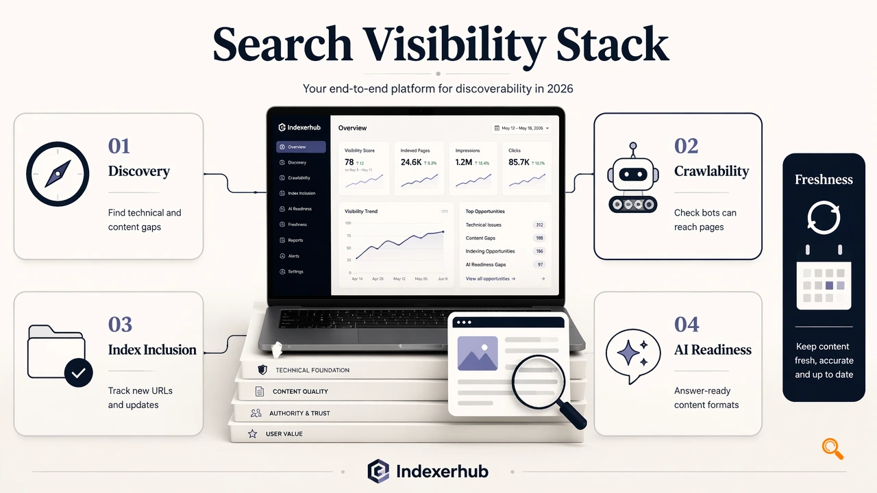Infographic showing a 2026 search optimization tool stack with crawlability, indexing, freshness, and AI readiness.