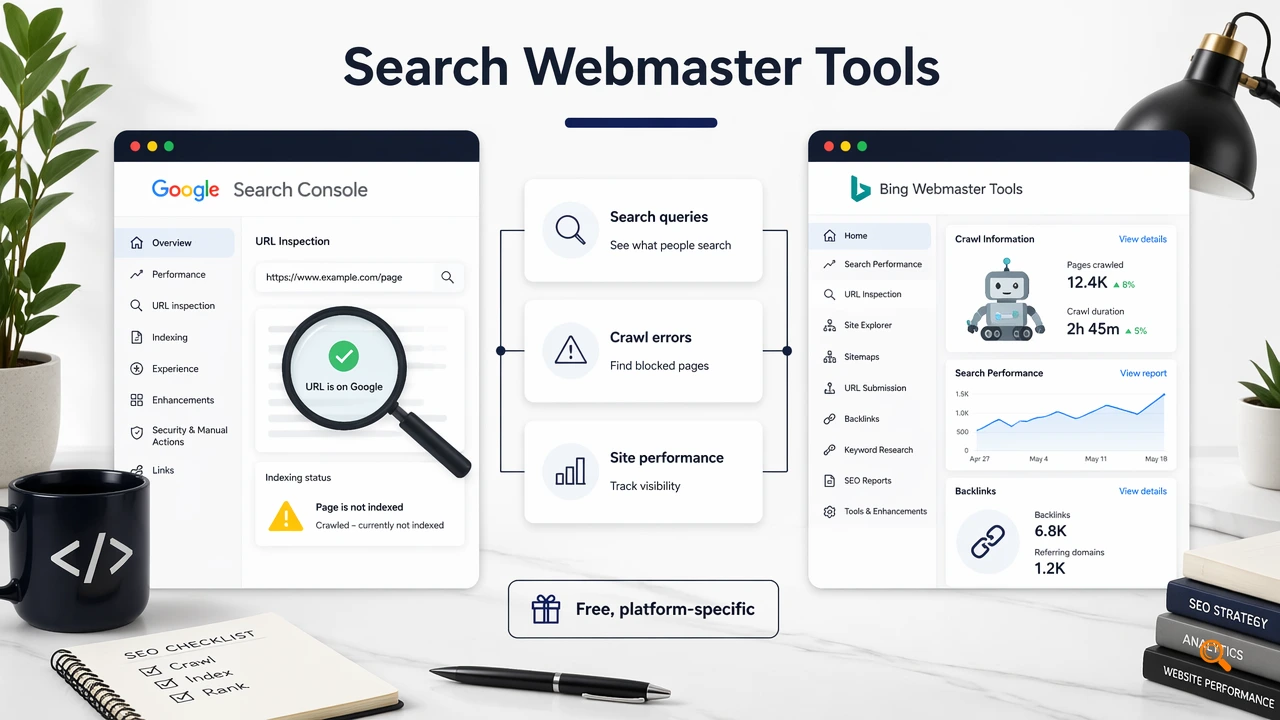 Infographic comparing Google Search Console and Bing Webmaster Tools for indexing and crawl monitoring.