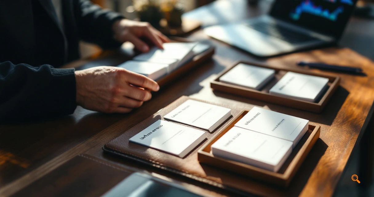 Hands organizing URL indexing workflow cards across specialized tool trays on a professional desk