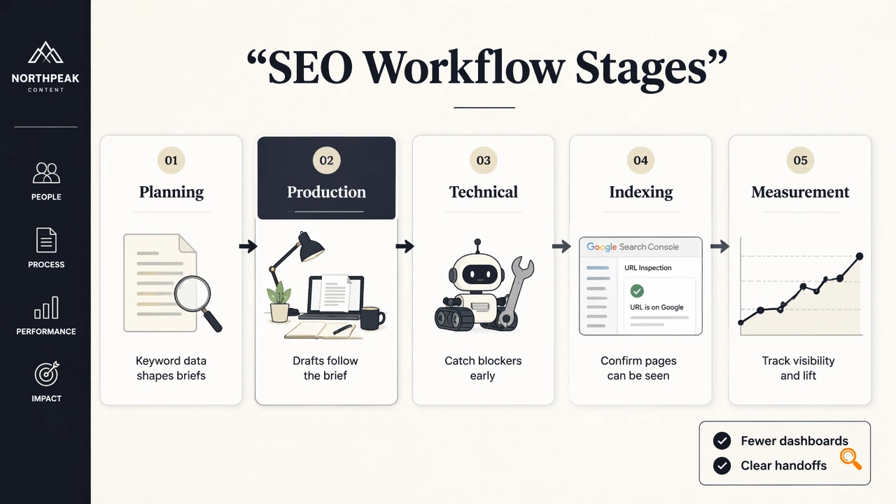Editorial workflow diagram showing SEO tools from planning through measurement and indexing.