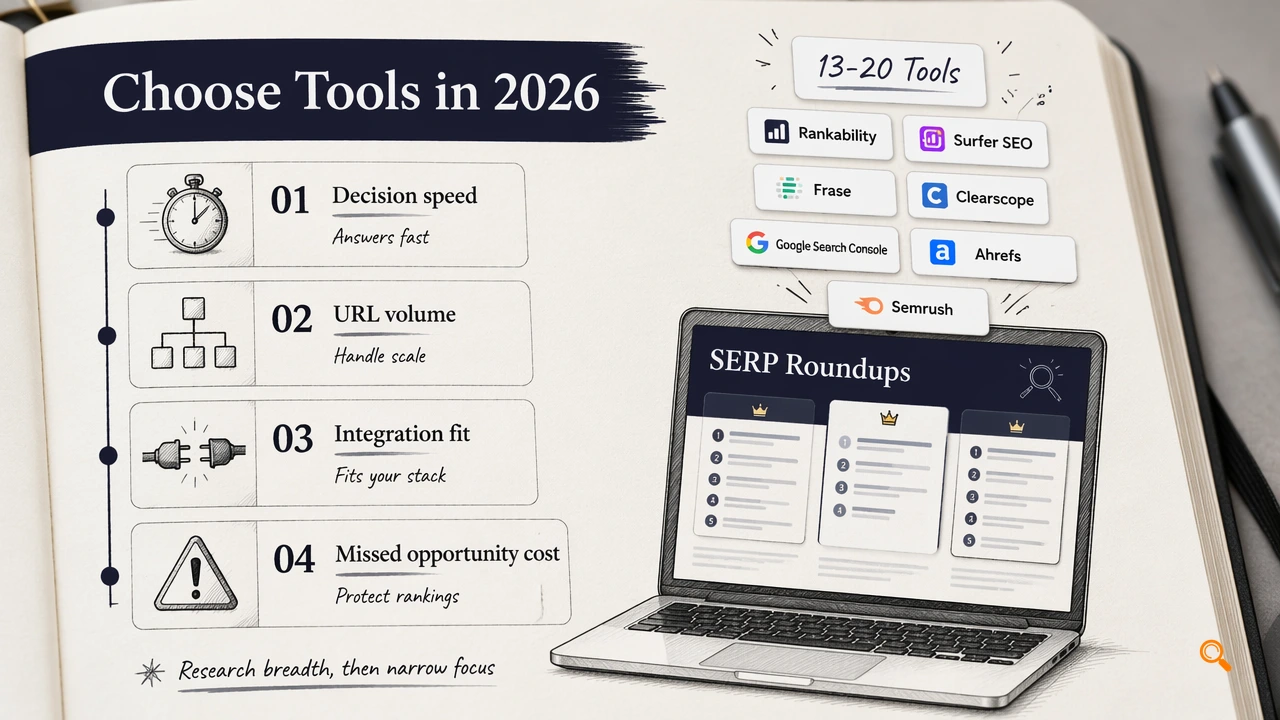 Annotated tool-selection diagram for SEO software based on speed, scale, integrations, and risk.