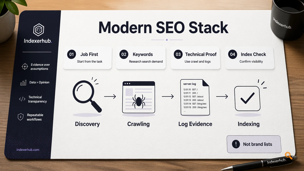 Editorial infographic showing a modern SEO stack from discovery through indexing.