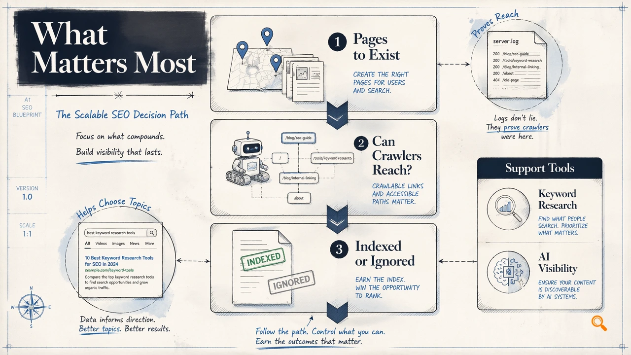 Annotated blueprint diagram of scalable SEO priorities: pages, crawling, and indexing.