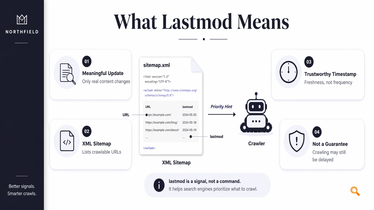 Infographic explaining what sitemap lastmod indexing means and how search engines use it.