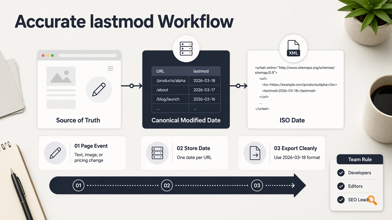 Workflow diagram showing how to implement accurate lastmod dates across CMS, database, and XML export.