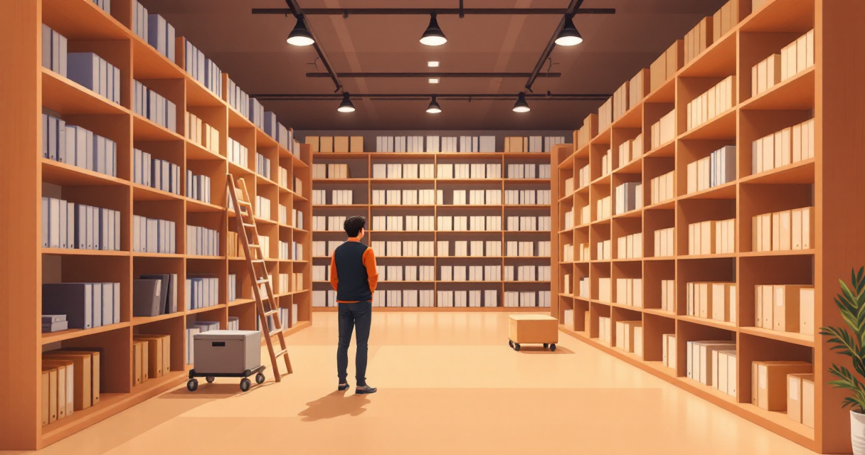 Organized archive aisles symbolizing clear website structure and crawlable infrastructure for search engine bots