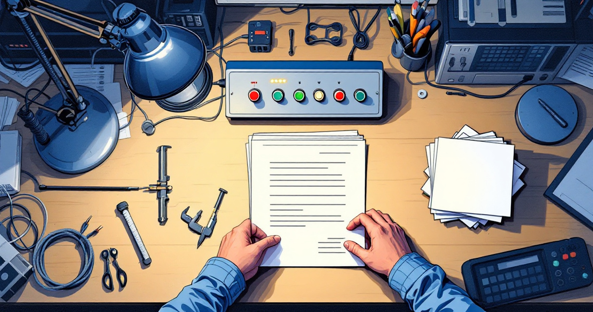 Hands calibrating control panel connected to documents representing optimization of indexing signals