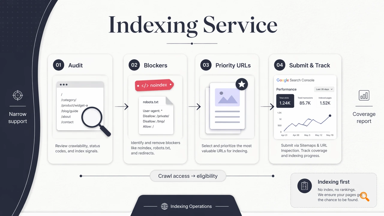 Infographic explaining a technical SEO indexing service workflow and index coverage
