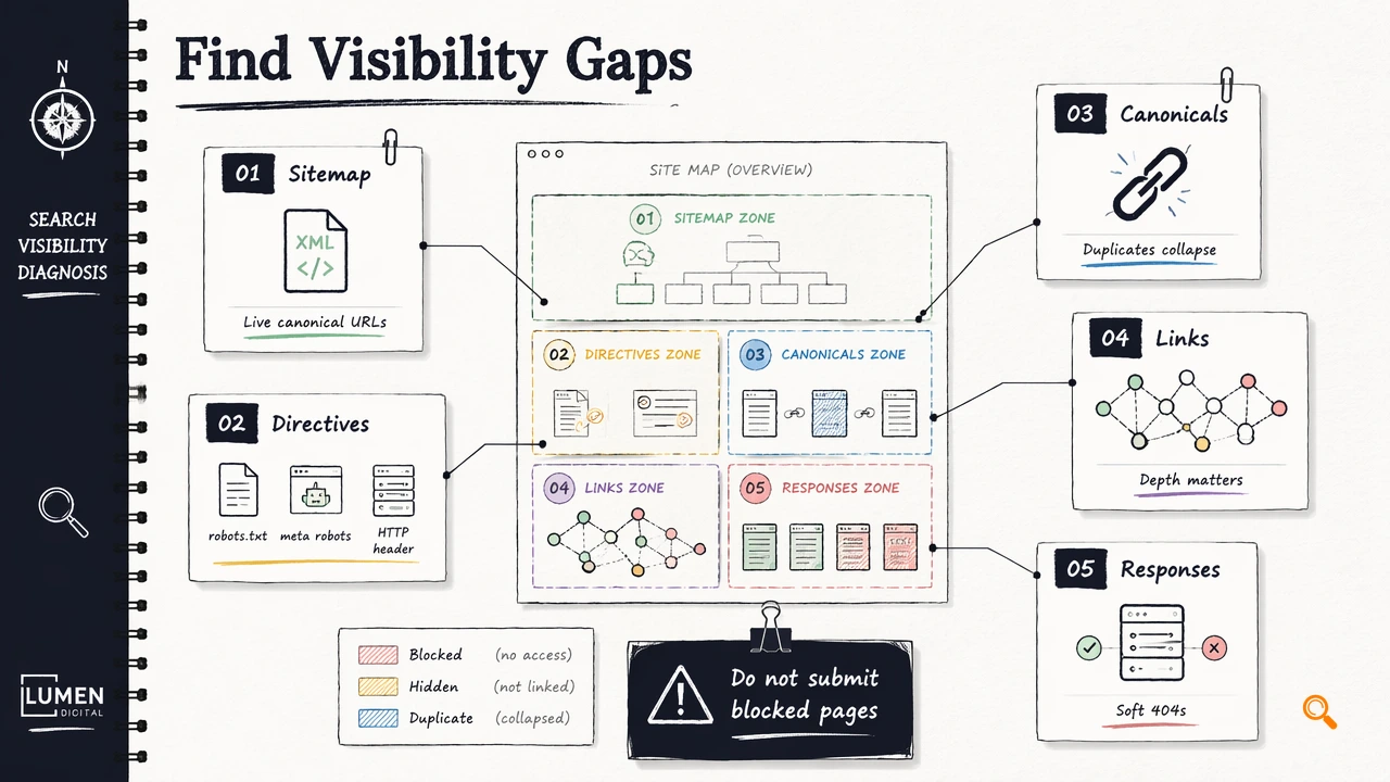 Annotated diagram showing how indexing services diagnose search visibility gaps