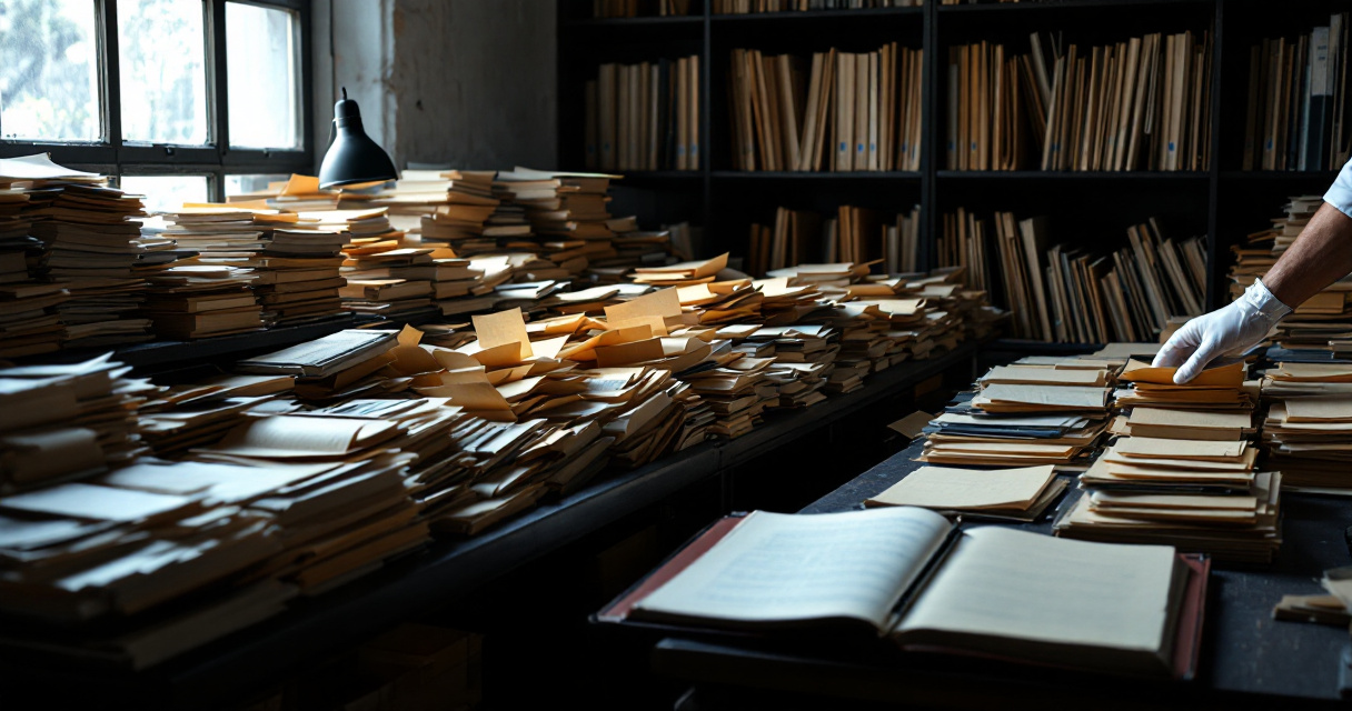 Cluttered archive table with thin folders crowding out stronger binders under dramatic light