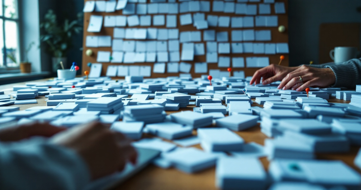 Hands clustering many blank page cards to measure thin content risk across a large site