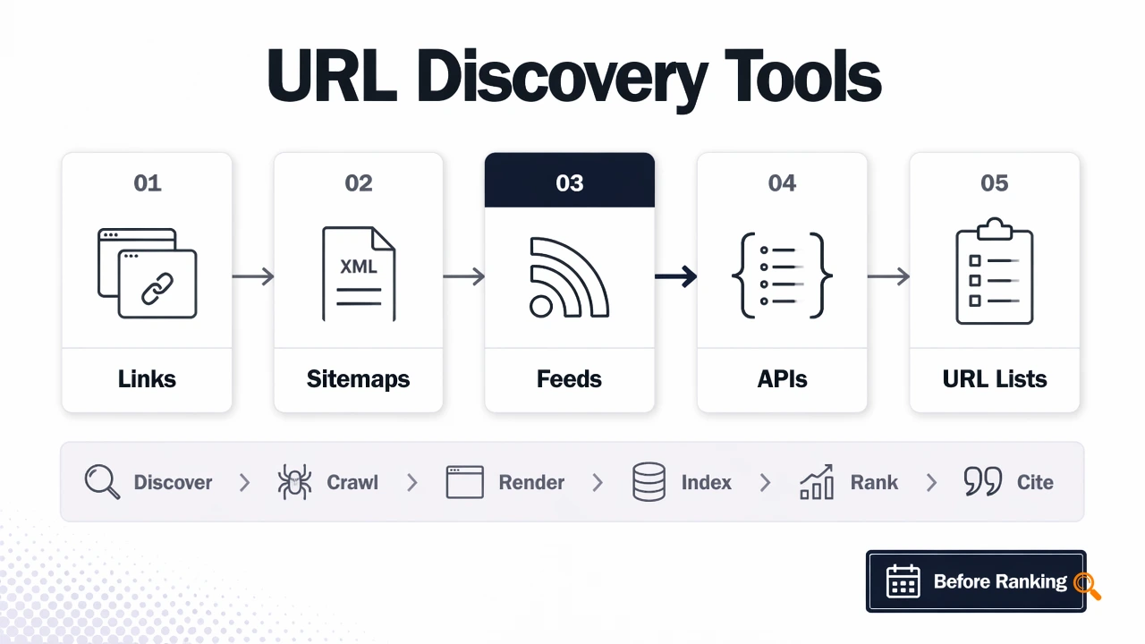 Editorial infographic of how URL discovery tools feed links, sitemaps, feeds, APIs, and URL lists into indexing.