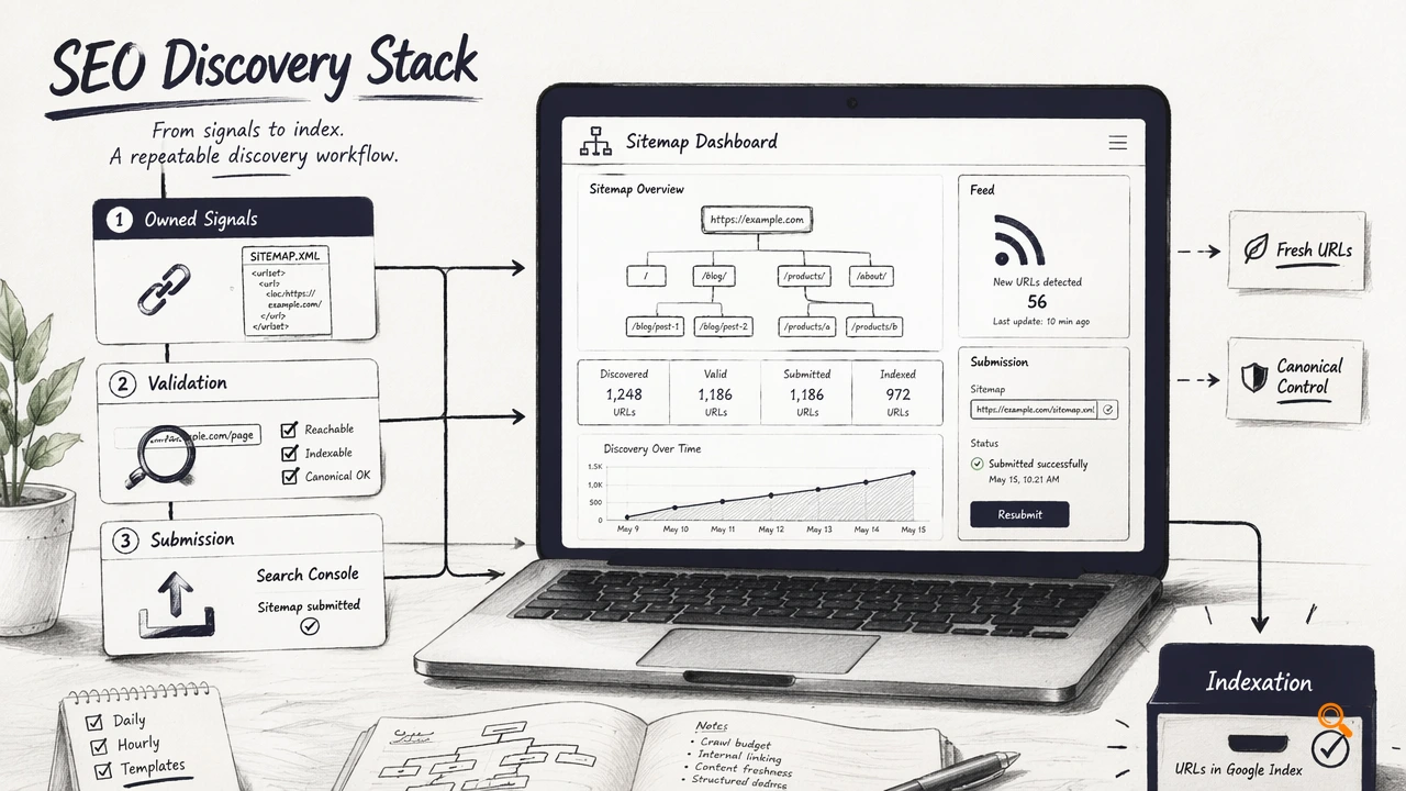 Annotated SEO workflow showing owned signals, validation, and submission tools feeding indexation.