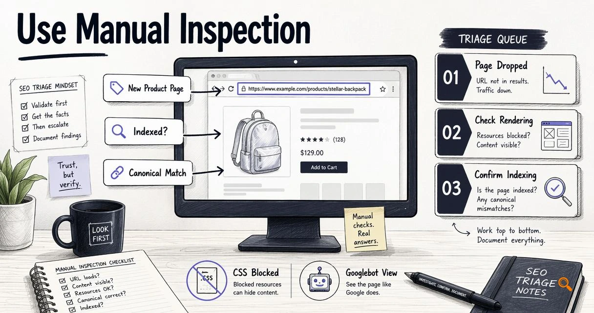 Annotated SEO triage scene showing when to use manual URL inspection for a specific page issue.