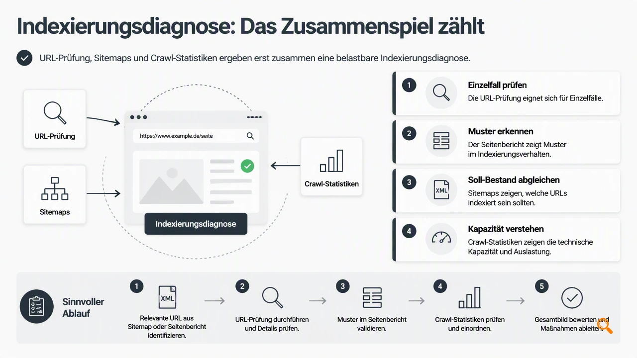 Illustration for Wie werden URL-Prüfung, Sitemaps und Crawl-Statistiken zusammengeführt?