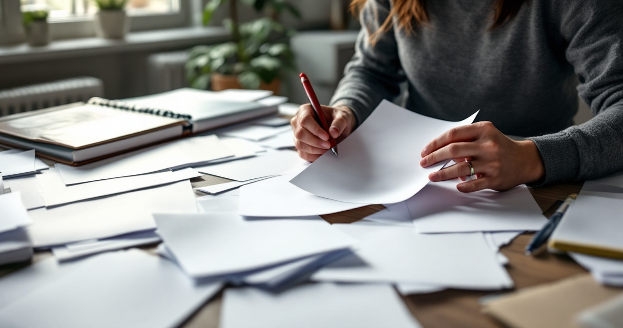 Stacks of nearly identical pages on a desk representing duplicate or low quality content