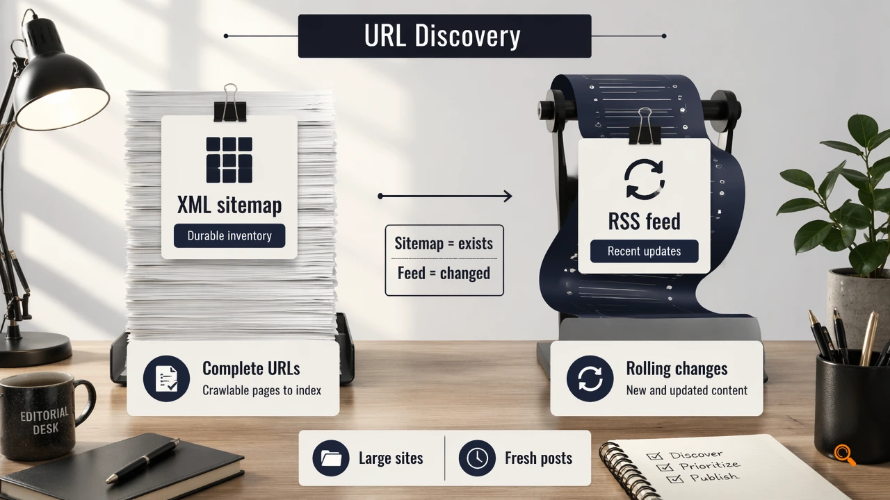 Editorial infographic comparing XML sitemap inventory and RSS feed update signals.