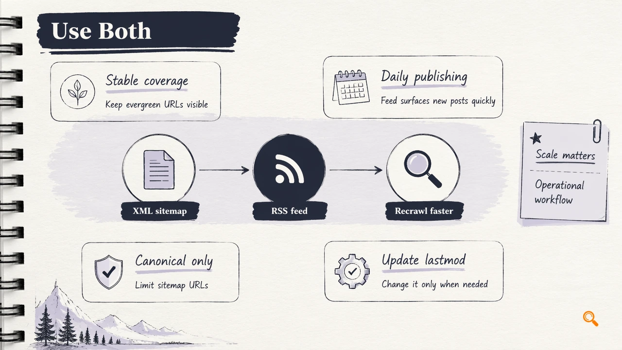 Annotated workflow showing when to use XML sitemap and RSS feed together for faster recrawling.