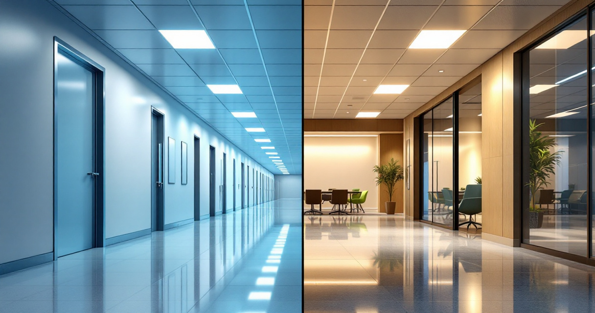 Different commercial spaces showing varied 2x4 LED ceiling light output levels