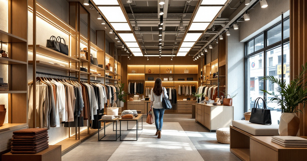 Retail sales floor showing LED drop ceiling lights revealing true merchandise color and comfortable shopping visibility