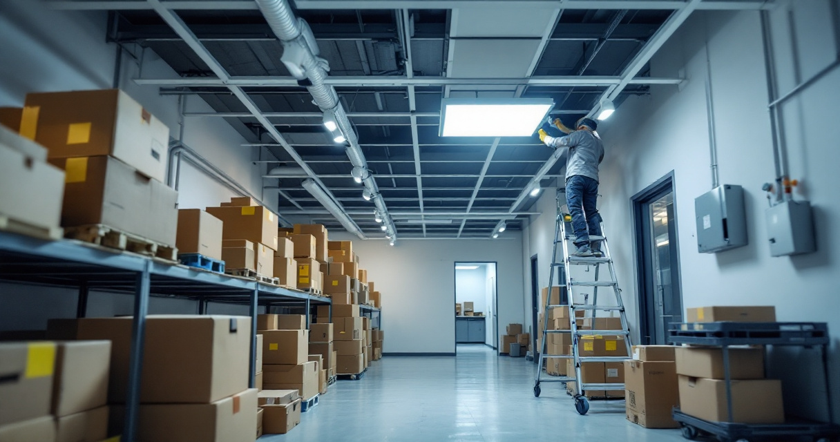 Retail stock room ceiling installation with LED troffer, showing safe fit and suspended grid details