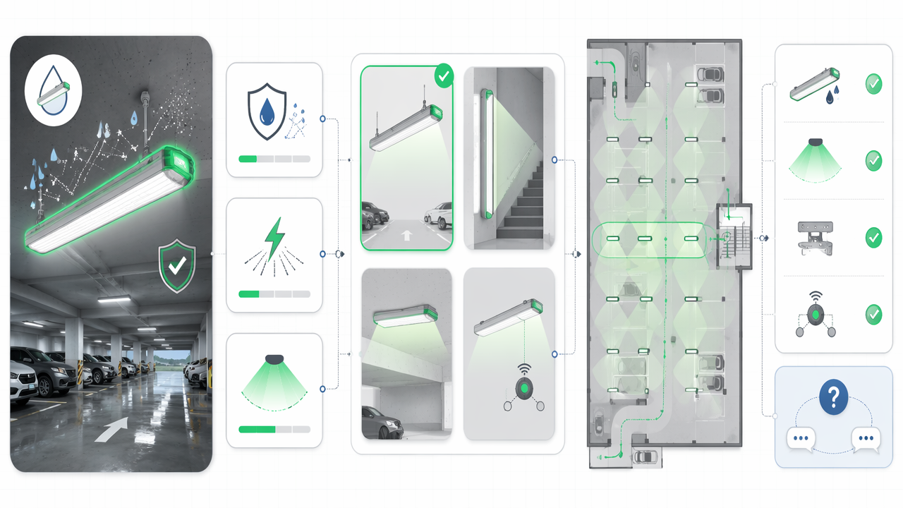 Infographic showing key features, fixture types, and layout planning for LED vapor tight lights in parking garages.
