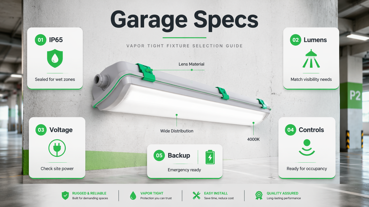 Infographic of key specs for selecting LED vapor tight lights in parking garages.