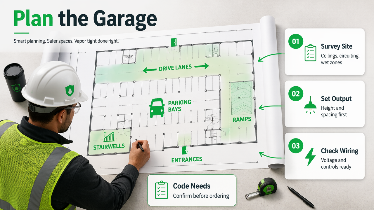 Illustration of contractors mapping zones and planning LED vapor tight garage lighting.