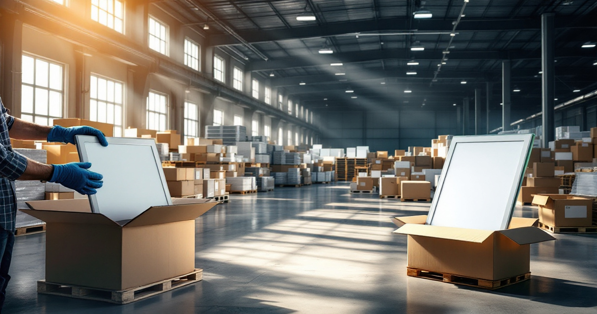 Assorted commercial LED fixtures in warehouse pallets prepared for large contractor bulk order