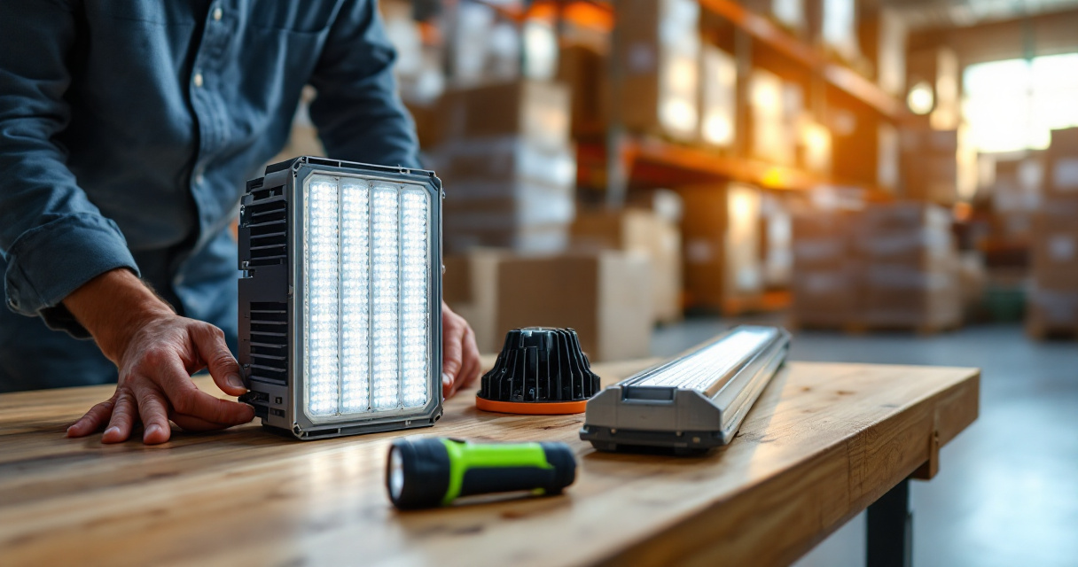 Contractor inspecting commercial LED fixtures at wholesale supplier warehouse workbench