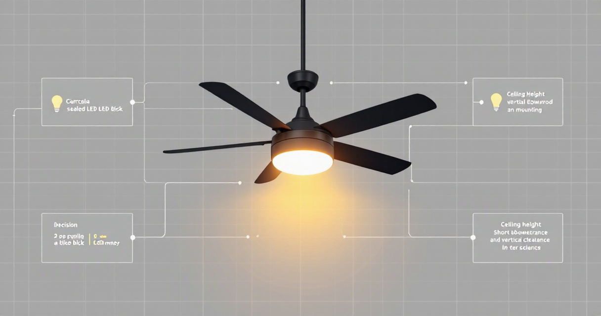 Infographic showing how to evaluate a commercial ceiling fan with light, including light type, mounting, sizing, ratings, and use cases.