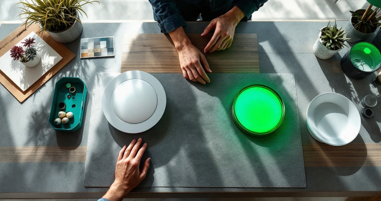 Commercial fan light types compared on a showroom table with LED and socketed options