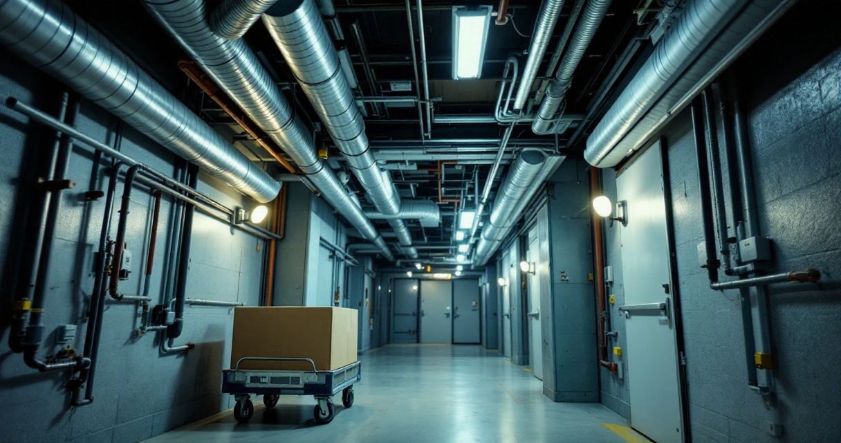 Low commercial corridor with obstructions showing where a combined fan light should not be used
