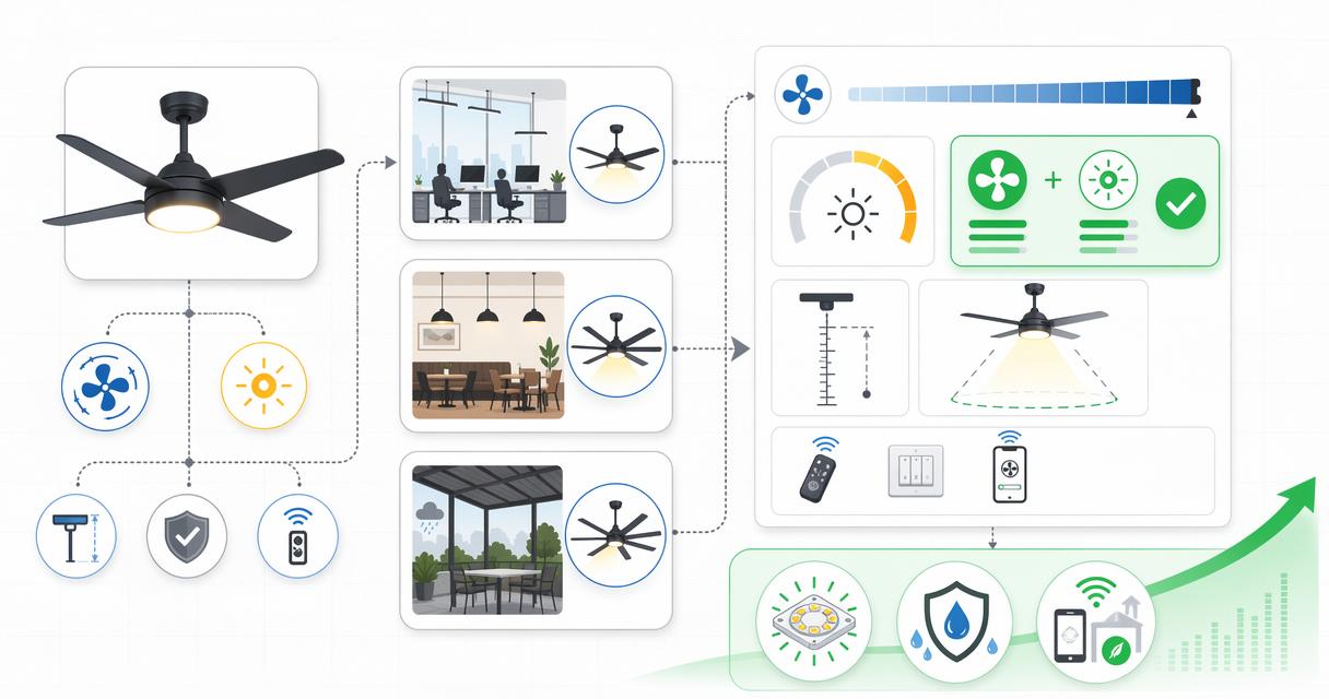 Infographic showing how to choose commercial ceiling fans with lights by application, airflow, brightness, mounting height, durability, and controls for 2026.
