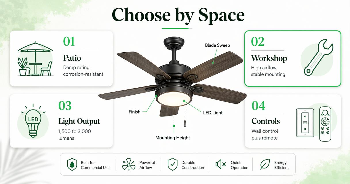 Comparison infographic showing which commercial fan-light setup fits patios and workshops.