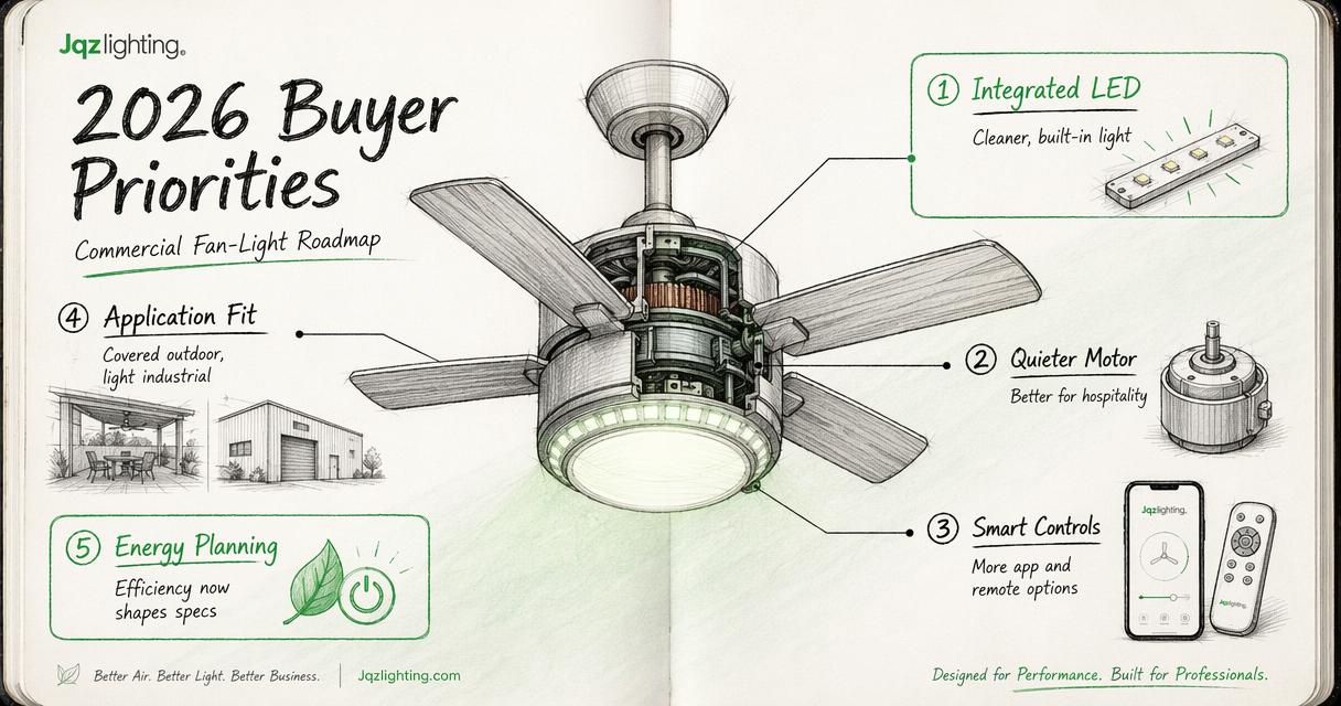 Annotated 2026 product diagram showing integrated LEDs, quieter motors, smart controls, and efficiency priorities.