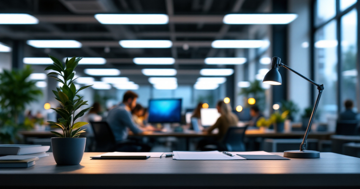 Modern office workspace under cool white commercial LED panels improving visual clarity and productivity
